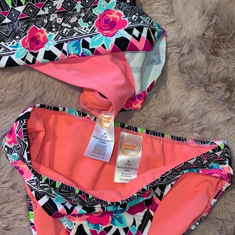 Wonder Nation M (7-8) girls 2-piece bikini swimsuit black pink neon green white‌ - Picture 7 of 13